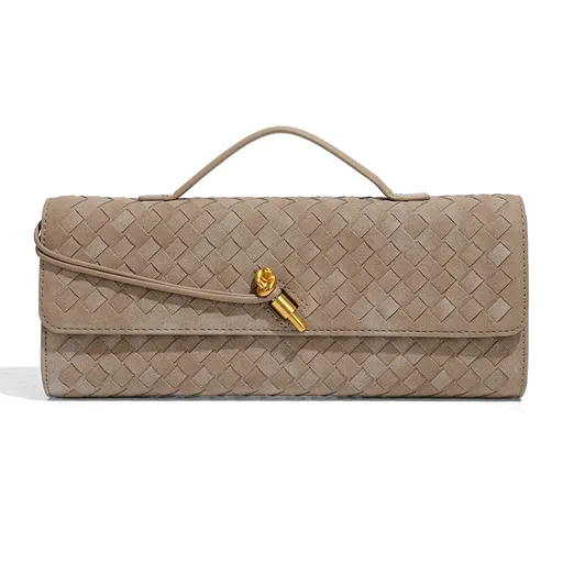 Woven Baguette Handbag Elegant Suede Texture PU Leather Shoulder Crossbody Bag Pine Tea Color