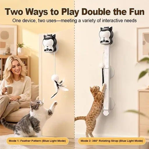2-in-1 Automatic Cat Teaser Wand with Strong Suction Base, Interactive Feather & Plush Ball Toy for Indoor Cats, Wall-Mounted Self-Play Kicker for All Ages, Rechargeable Smart Motion Catnip-Free Playmate (White, S)