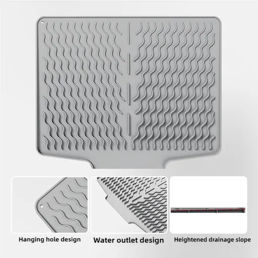 Grey Silicone Dish Drying Mat, Non-Slip Draining Pad for Sink, Heat-Resistant and Water-Absorbent, Ideal for Dishes, Cups, and Utensils