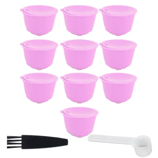 Reusable Capsules Set Refillable Coffee Filter Cup Pod for DOLCE GUSTO Coffee Machine(Purple 10 Capsules1 Spoon 1 Brush)