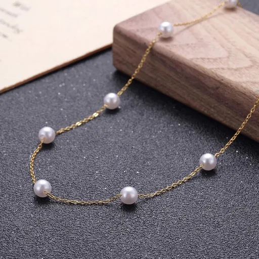 Gold-Plated Floating Pearl Necklace for Women – Minimalist Imitation White Pearls Chain, Station Pearl Necklace Gift for Bride Bridesmaids Mom Wife Daughter, Wedding Birthday Christmas