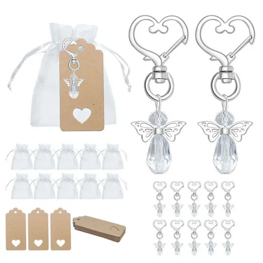 30-Piece White Guardian Angel Keychain Favor Set – Crystal Angel Wings Keyrings with Kraft Tags & Organza Bags for Weddings, Christenings and Party Gifts