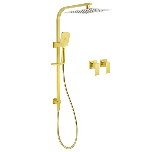 WELS Brushed Gold Square Shower 12" Large Rain Head 3 Modes Handheld Silde Rail Arm 2in1 Taps Set