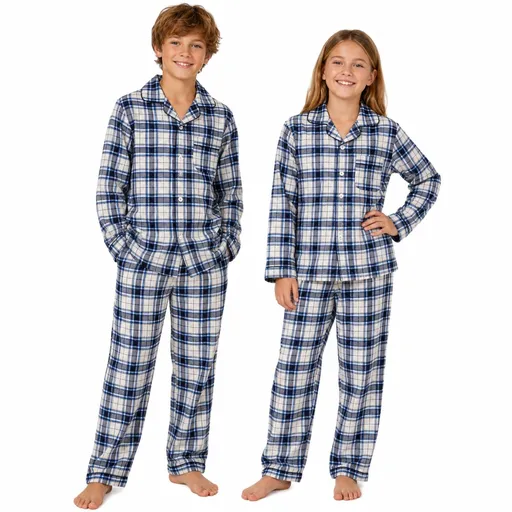 Kids Flannelette Pyjamas 100% Cotton Winter PJ Set - Black/Blue/White Check