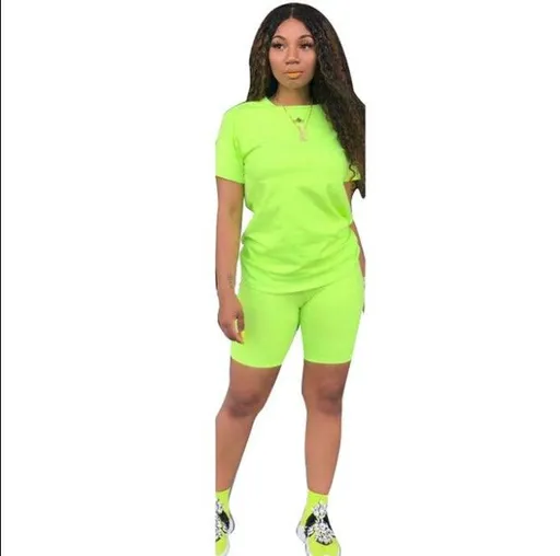 Ishilian Women Solid Color Polyester Spandex Casual Suit fluorescent green XL