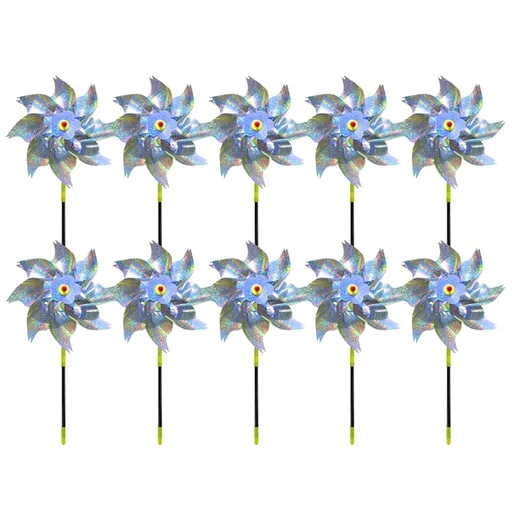 10-Pack Reflective Pinwheels for Garden and Orchard Bird Deterrent, 18.5 Inch Tall Octagonal Mylar Windmills for Balcony and Farm Outdoor Decor, Shiny Silver Finish
