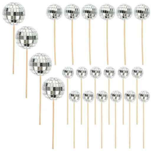 24pcs Shiny Disco Ball Cake Toppers Bling picks for Birthday Cupcake and Cake Decorations