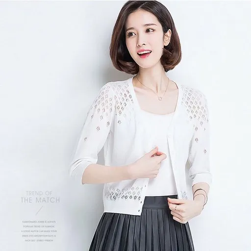 Muse Women V Neck Cardigan Thin Ice Silk White Size: M; Height (cm): 160-165; Weight (kg): 50-55; Bust (cm): 86-90; Waist (cm): 70-74; Shoulder width (cm): 38; Length (cm): 60