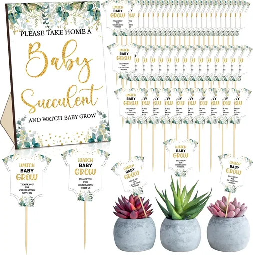 51 Pcs Watch Baby Grow Succulent Tags Baby Shower Party Favors Include 1 Piece Wooden Table Sign 50 Sets Succulent Favor Tags Decorations(Greenery Style)