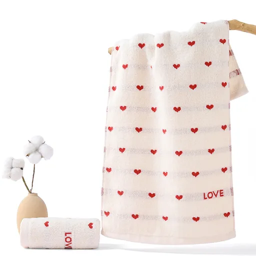 Valentines Day Hand Towels, Red White Hearts Cotton Bathroom Towel, Valentines Day Decorative Absorbent Bath Towel for Drying Cleaning Cooking 13.4×29.5 in White
