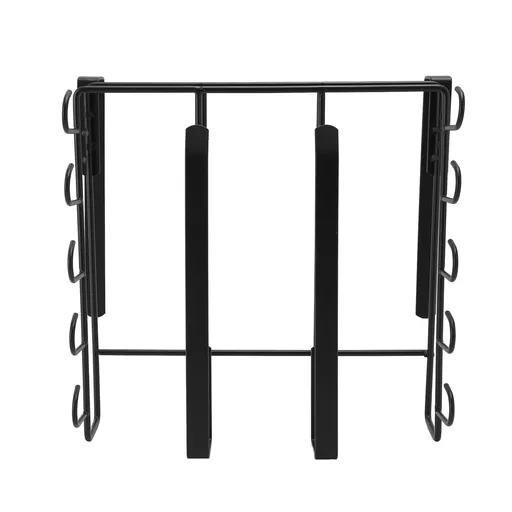 Under Cabinet Hanging Shelf Stainless Steel Under Shelf Storage Rack with Multiple Hooks for Cutting Boards Cups Paper Towels Kitchen Utensils Black