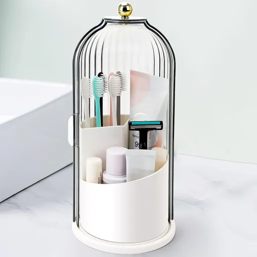 360° Rotating Makeup Brush Holder with Dustproof Cover, 3-Slot Vanity Organizer for Cosmetics & Toiletries, Birdcage Design for Bathroom & Desk (White)