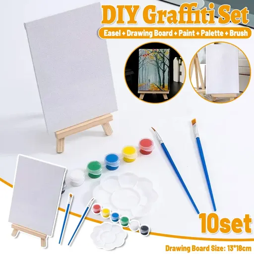Mini Painting Easel Set DIY Art Kit with Small Canvas Frame Brush and Drawing Board