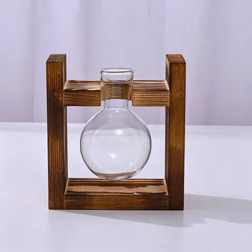 Single Round Glass Vase with Snap-Fit Wooden Stand | Christmas Mini Greenery Gift | Compact Hydroponic Plant Container Desktop Ornament for Home Office