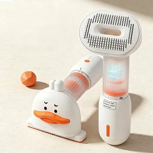 4-in-1 Pet Hair Vacuum Comb, Rechargeable De-shedding Tool with Interchangeable Heads, Duck-Shape Design for Cats & Dogs — Traps Loose Fur, Cleans Sofas and Crevices, Cordless and Lightweight Grooming Kit (White)