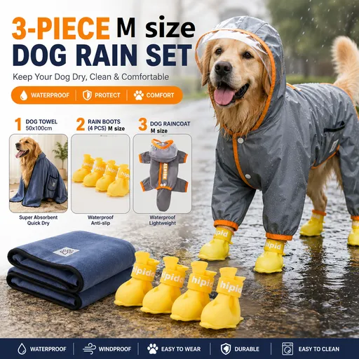 3 Piece Dog Rain Gear Set -M size Pet Rainy Day Kit with Grey Waterproof Dog Raincoat, yellow Waterproof Rain Boots Set of 4 and grey Super Absorbent Quick Dry Pet Towel for Small and Medium Dogs