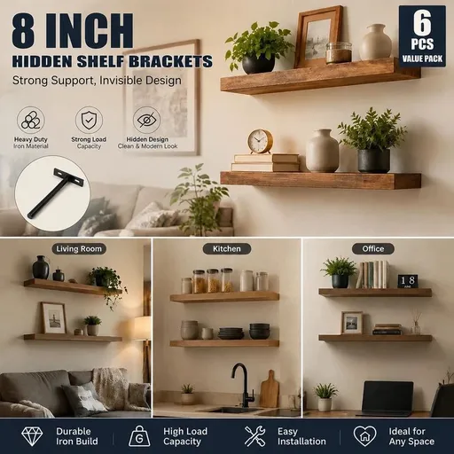 8" Black Hidden T Shelf Bracket 6Pcs w/ 5x60&5x80 Screws