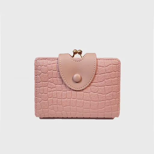 Pink Elegant Croc Embossed Womens Wallet - Short PU Leather Bifold with Removable Kisslock Coin Purse & Card Holder