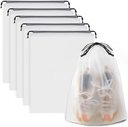 , Waterproof Travel Drawstring Shoe Bags for Packing, Storage, Travel Essentials for Men and Women, 15.7 x 11.8 inches, Clear, 5 pieces