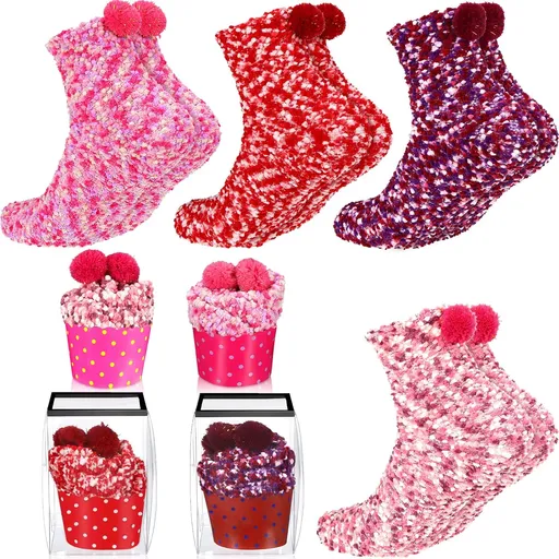 4 Pairs Valentines Fuzzy Cupcake Socks for Women Girl Fluffy Slipper Socks DIY Gift Boxes for Winter Christmas