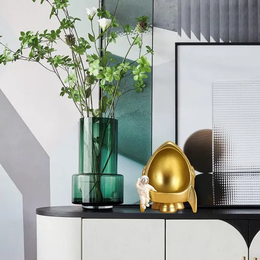 Spaceman Figurine Astronaut Storage Statue Cosmonaut Tray Sculpture for Entrance Studio Desk (Gold Rocket)