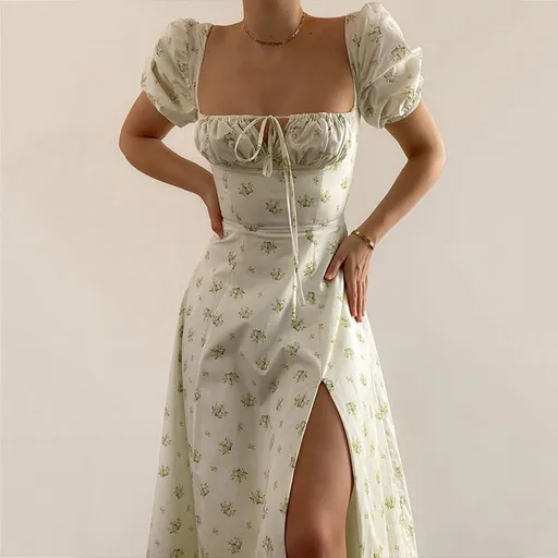 Hongyi Floral Long Dress Summer 2026 White Green 3XL