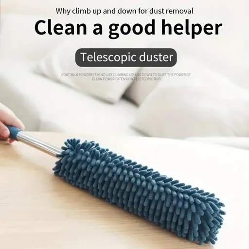 Telescopic Microfibre Cleaning Duster, Washable Static Dust Sweeper for High-Reach Cleaning, Navy Blue