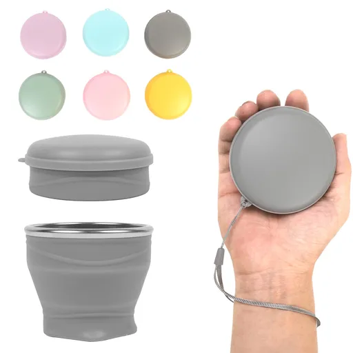Collapsible Silicone Travel Cup with Lid and Carry Lanyard, Reusable for Hot and Cold Drinks, Camping and Daily Commuting, Grey