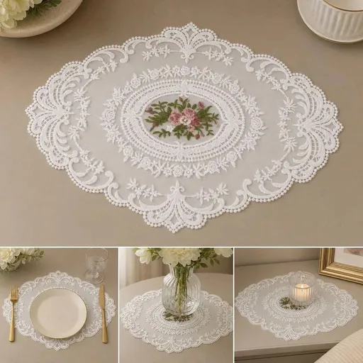 2 Pack Large Embroidered Mesh Table Mats 32x43cm White, Double Decor Pads For Vintage Tabletop Styling