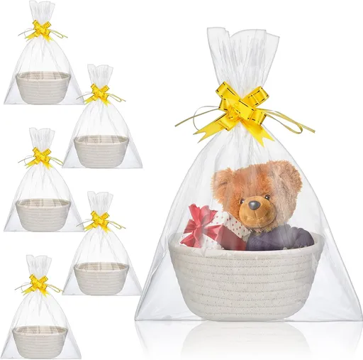 6 Sets Small Gift Baskets Empty Bulk Woven Cotton Basket with Bags Ribbons Easter Rabbit Candy Eggs Basket for Easter Birthday Wedding Graduation Gift(7.5 x 6.9 x 2.9 Inches)