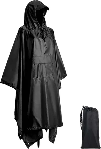 3-in-1 Waterproof Rain Jacket Poncho with Hood, Breathable Raincoat, Black
