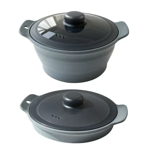 Foldable Food-Grade Silicone Steamer Pot with Lid and Steamer Rack – Space-Saving Collapsible Cookware for Microwave, Freezer, Camping, and Outdoor Meals, Effortless Storage and Versatile Kitchen Companion (Round Style, Grey)