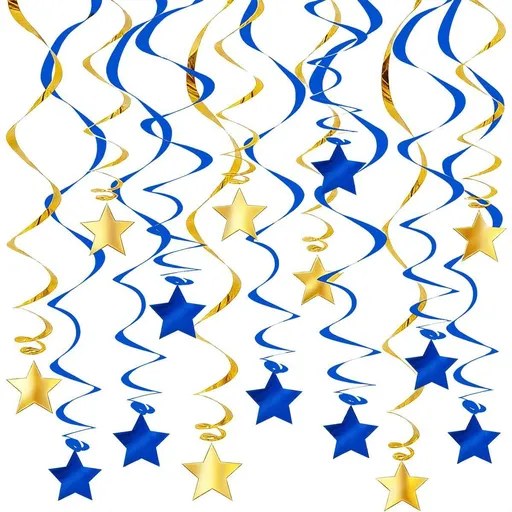 30-Piece Set for Golden and Blue Star Spiral Hanging Decorations - Birthday, Wedding, Graduation, and Party Ceiling Decoration - Festive Swirl Streamers, Easy Hang Party Supplies