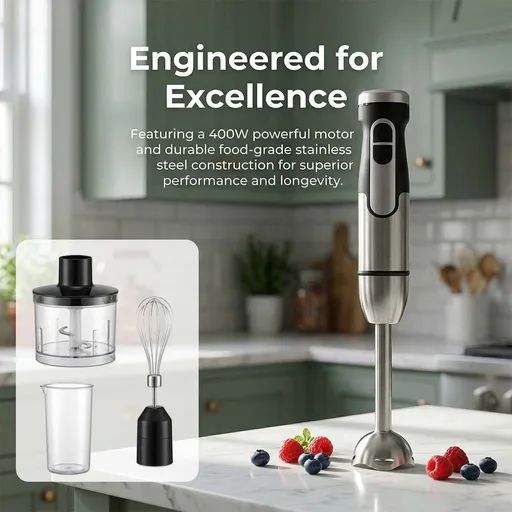 4-in-1 Multifunctional Hand Blender with 304 Stainless Steel Immersion Stick, Chopper Bowl, Whisk Attachment and Measuring Cup for Smoothies, Baby Food, Soups, Cream and Egg Whisking, and Vegetable Chopping in Home Kitchen (4-in-1)