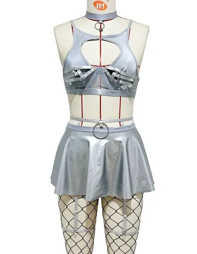 House Of Dasein Lace Sexy Lingerie Set Bra Solid Color Leather Skirt With Fishnet Stockings Women's - Silver - Xl