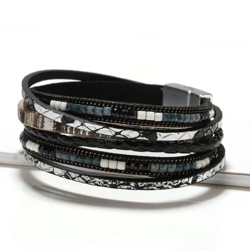 Black Bohemian Multi-Layer Leather Bracelet for Women - PU Faux Leather with Alloy Magnetic Clasp - Handwoven Cuff Bangle, Lightweight Fashion Jewelry Accessory