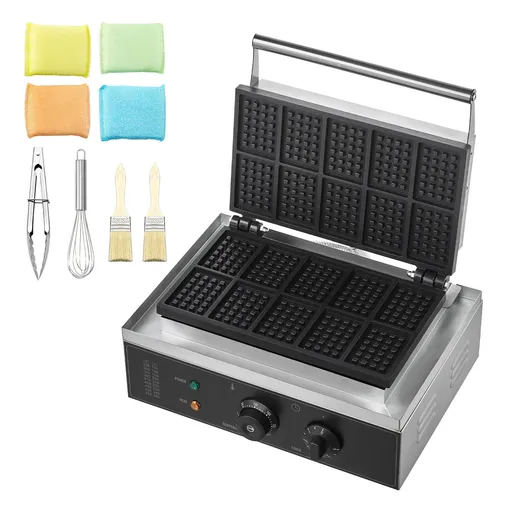 Commercial Waffle Maker, 10PCS Rectangle Waffle Baker Machine, 1550W Non-Stick Stainless Steel Belgian Waffle Iron with Temp and Time Control, Handle, for Restaurant Bakery Snack Bar Family