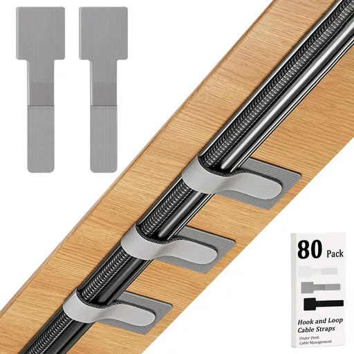 80 Pieces Self-Adhesive Cable Clips and Ties for Desk Cable Management, Gaming Setups and Home Office Cord Organisation, Grey