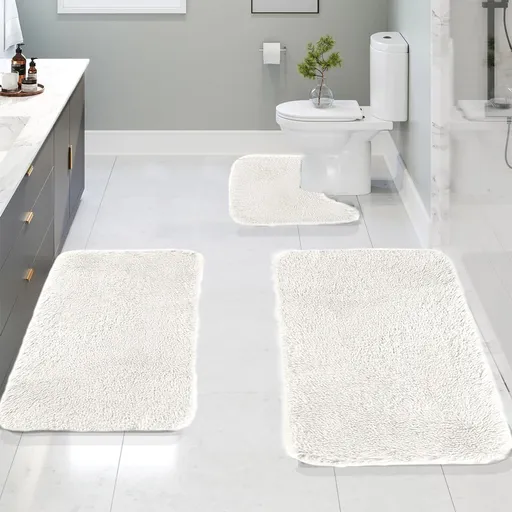 Bathroom Rugs Solid Color Bath Mats 3 Set Bath Mats for bathroom Toilet Mats Universal Soft Comfortable Water Absorption Non-Slip Thick Machine Washable Easier to Dry White