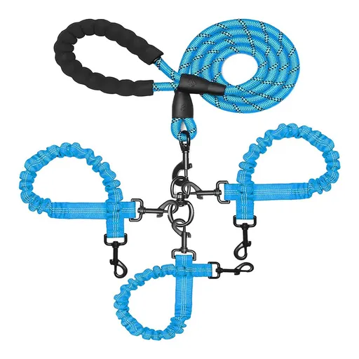 Blue 3-in-1 Tangle-Free Dog Leash for 1-3 Dogs - Heavy Duty Bungee Coupler with Reflective Stitching & Padded Handle