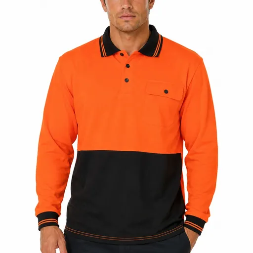 Hi Vis Long Sleeve Polo Shirt Quick Dry Micromesh Safety Workwear PPE - Orange
