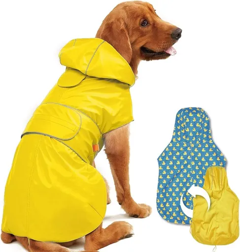 Reversible Dog Raincoat, Hooded Poncho with Leash Hole, Reflective Stripes, Windproof and Snowproof Slicker for Dogs, Yellow, L