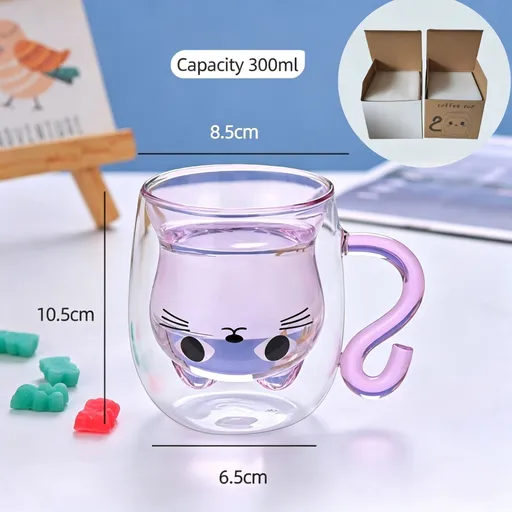 Cute Cartoon Cat Double Wall Glass Tumbler High Borosilicate Drink Cup with Handle Pink Cat Pearl Cotton + Paper Box Great Christmas Present