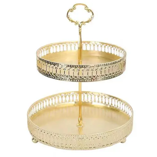 Double Layer Pastry Tray Decorative Copper Gold Biscuits Dessert Display Plate for Wedding Hollowed Out Vertical Grain
