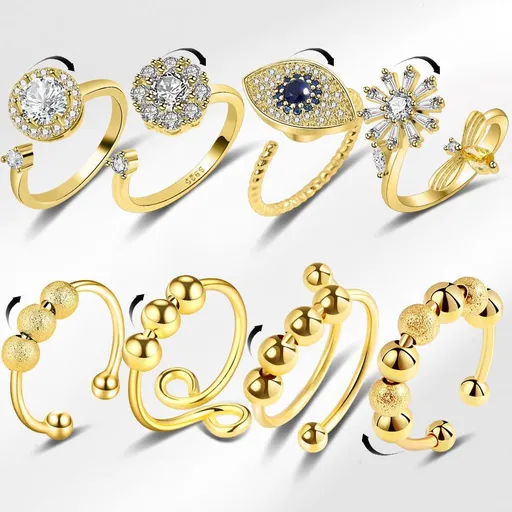 8 pcs Adjustable Antistress Ring with Rotating Beads, Gold, Compatible with Fidget Spinner Rings