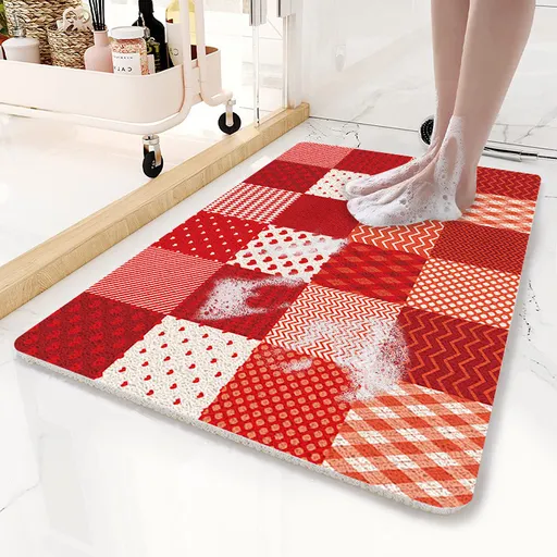 Red Checkered Pattern PVC Non-Slip Bath Mat 50x80cm - Shower Drain Hole Design, Soft & Quick-Dry Bathroom Rug
