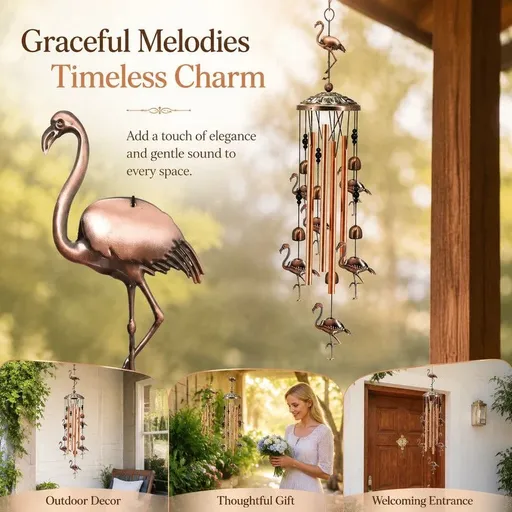 Vintage Iron Wind Chime, Hollow Metal Flamingo Wind Spinner, Hanging Copper Bell Decor For Balcony & Courtyard, Lovely Outdoor Gift