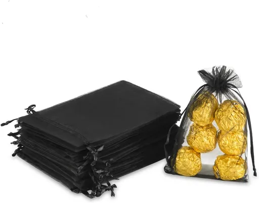100PCS 4x6" (10x15cm) Sheer Drawstring Gift Bags, Black Organza Wedding Party Favour Pouches Jewellery Christmas Festival Gift Bags