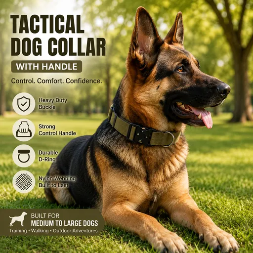 Khaki Tactical Dog Collar for Large Dogs (L size)- Wide Padded Nylon Collar with Quick Release Metal Buckle, Control Handle and D-Ring for Walking and Training