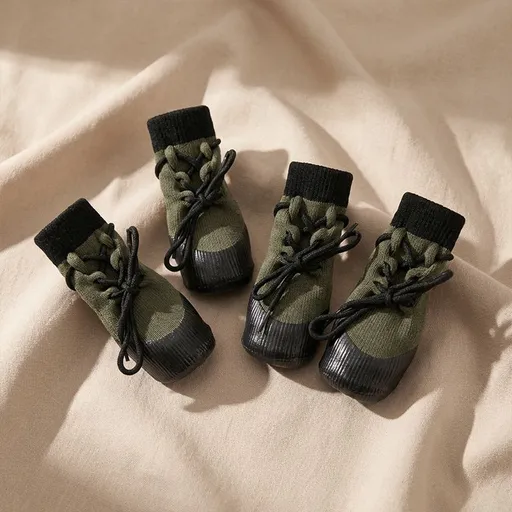 Green Waterproof Dog Boots (M)- Lace-Up Pet Paw Protectors with Non-Slip Wear-Resistant Soles, Elastic Cuffs for Rainy Walks and Outdoor Adventures